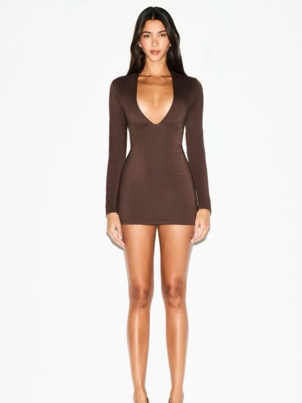 SKIMS  SMOOTH LAYERS PLUNGE MINI DRESS COLOR ESPRESSO